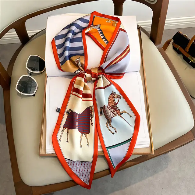 Thin Narrow Long Shirt Scarf Houndstooth Design Double Layer Imitated Silk Scarves Women's Hair Tie Wyc121 - Shop at LoveMi
