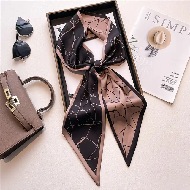 Thin Narrow Long Shirt Scarf Houndstooth Design Double Layer Imitated Silk Scarves Women's Hair Tie Wyc83 - Shop at LoveMi