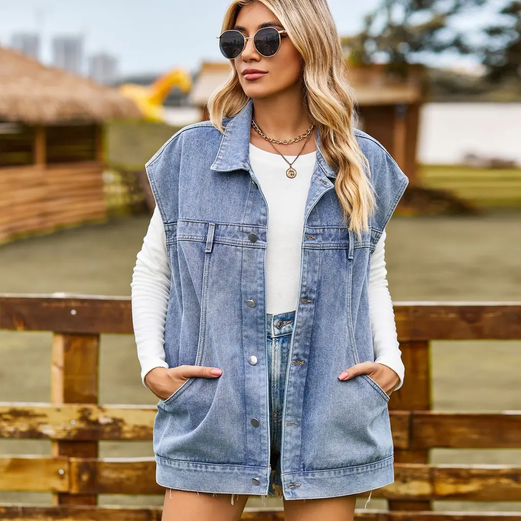 European And American Pocket Casual Wash Denim Waistcoat Vest - Blue