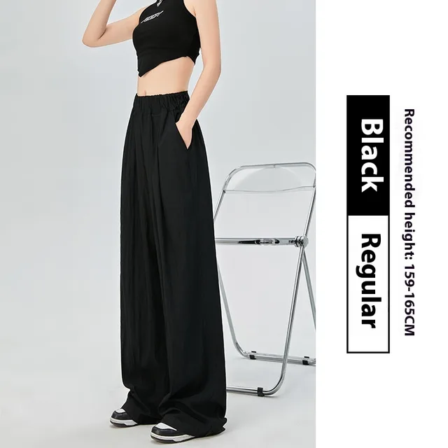 Thin High Waist Loose Casual Ice Silk Wide leg Pants Black Regular Style - Shop at LoveMi