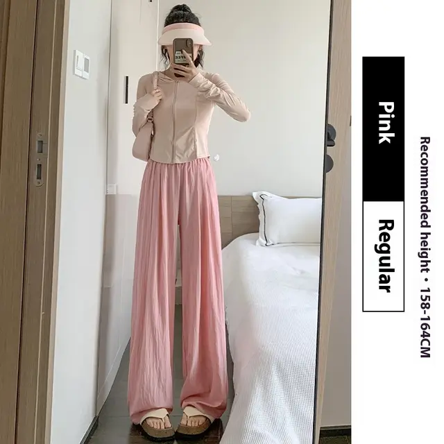 Thin High Waist Loose Casual Ice Silk Wide leg Pants Pink Conventional Style - Shop at LoveMi