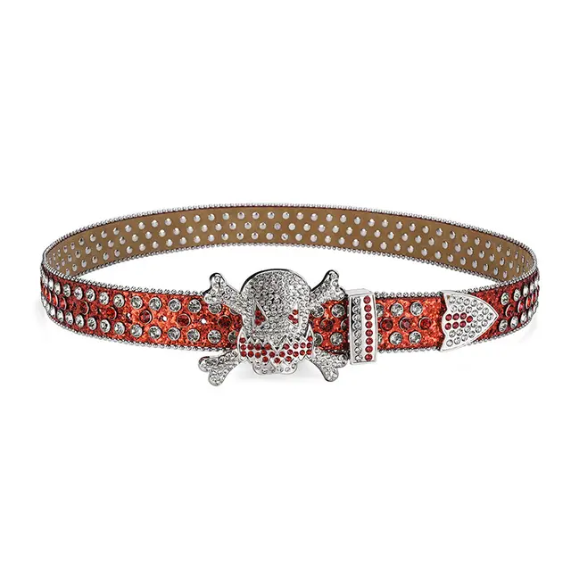 Dark Buckle Rhinestone Inlaid Diamond Sequins Hip Hop Decorative Nightclub Belt Red Silver Skull - Shop at LoveMi