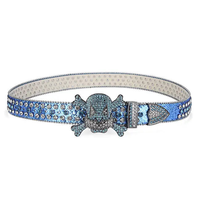 Dark Buckle Rhinestone Inlaid Diamond Sequins Hip Hop Decorative Nightclub Belt Sky Blue - Shop at LoveMi