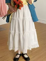 Spring White Lace Trim Tiered Skirt - Red