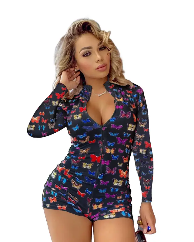 V neck Printed Sheath Skirt Long Sleeve Jumpsuit Black - Shop at LoveMi