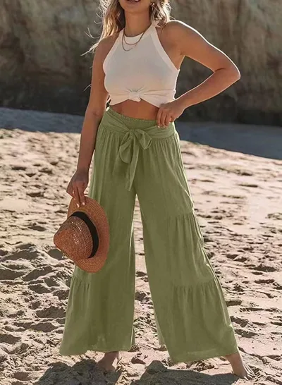 Women's Fashion Tie Stitching High Waist Crimp Casual Loose Pants Army Green - Shop at LoveMi