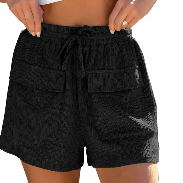 Summer Drawstring Shorts With Pockets Casual Sports Pants Womens Clothing Black - Shop at LoveMi