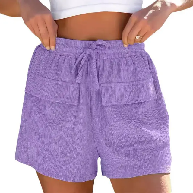 Summer Drawstring Shorts With Pockets Casual Sports Pants Womens Clothing Purple - Shop at LoveMi