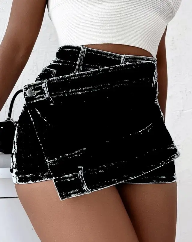 Y2K Street Vintage Denim Shorts Stretch Overlap Waist Wrap Solid Asymmetrical Hem A Line Skinny Mini Skorts Skirt Black - Shop at LoveMi