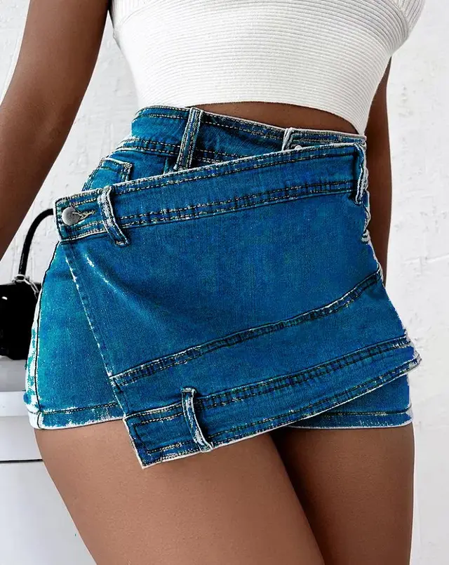Y2K Street Vintage Denim Shorts Stretch Overlap Waist Wrap Solid Asymmetrical Hem A Line Skinny Mini Skorts Skirt Dark Blue - Shop at LoveMi