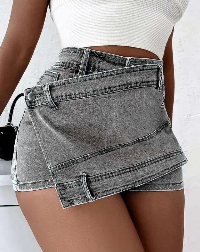 Y2K Street Vintage Denim Shorts Stretch Overlap Waist Wrap Solid Asymmetrical Hem A Line Skinny Mini Skorts Skirt Grey - Shop at LoveMi
