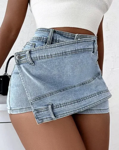 Y2K Street Vintage Denim Shorts Stretch Overlap Waist Wrap Solid Asymmetrical Hem A Line Skinny Mini Skorts Skirt Light Blue - Shop at LoveMi