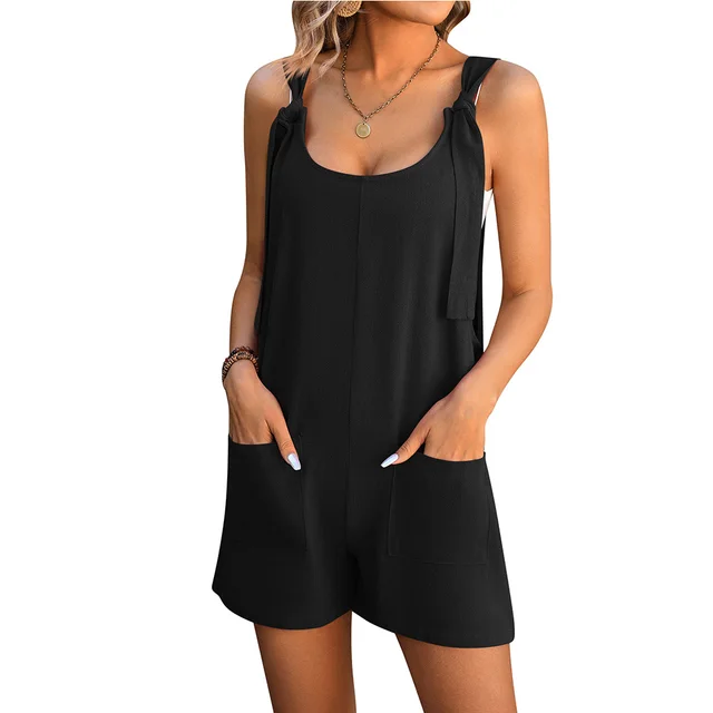 Summer Shorts Jumpsuit With Pockets Fashion Beach Straight Overall Pants Womens Clothing Black - Shop at LoveMi
