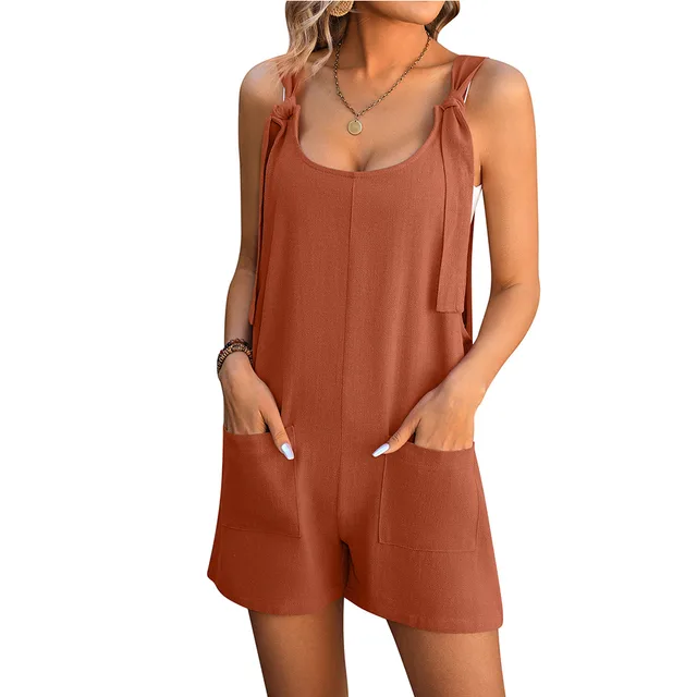 Summer Shorts Jumpsuit With Pockets Fashion Beach Straight Overall Pants Womens Clothing Orange - Shop at LoveMi