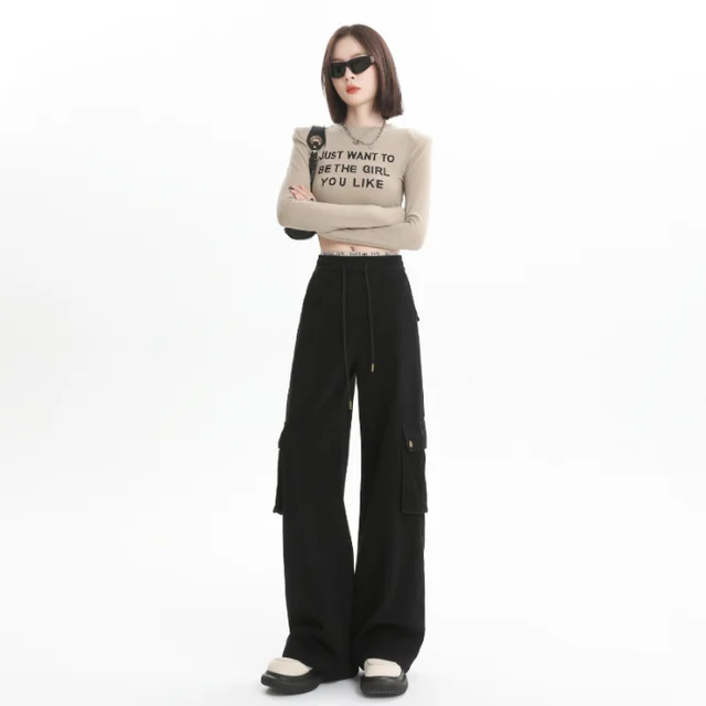 Overalls Women's Casual Loose Straight leg Wide leg Pants Black - Shop at LoveMi