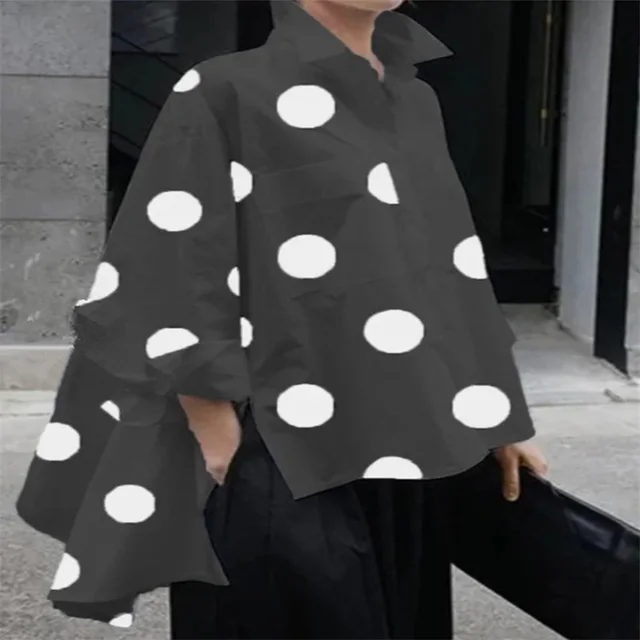 Long Sleeve Polka Dot Chiffon Temperament Commute White Lapel Shirt Black - Shop at LoveMi