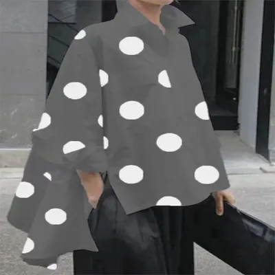 Long Sleeve Polka Dot Chiffon Temperament Commute White Lapel Shirt Gray - Shop at LoveMi