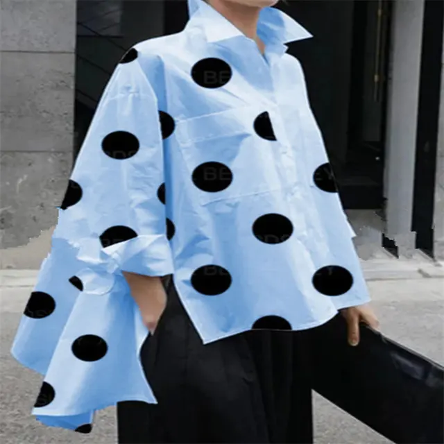 Long Sleeve Polka Dot Chiffon Temperament Commute White Lapel Shirt Sky Blue - Shop at LoveMi