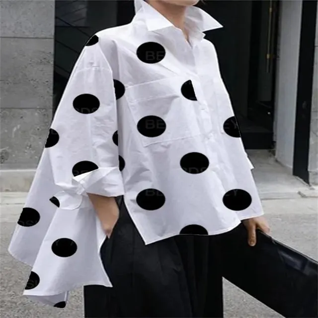 Long Sleeve Polka Dot Chiffon Temperament Commute White Lapel Shirt White - Shop at LoveMi