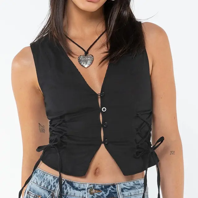 Slim fitting Blouse V neck Solid Color Vest Black - Shop at LoveMi