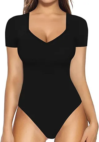 Women's Summer European And American Sweetheart Square Collar Short Sleeve T-shirt Jumpsuit - Black