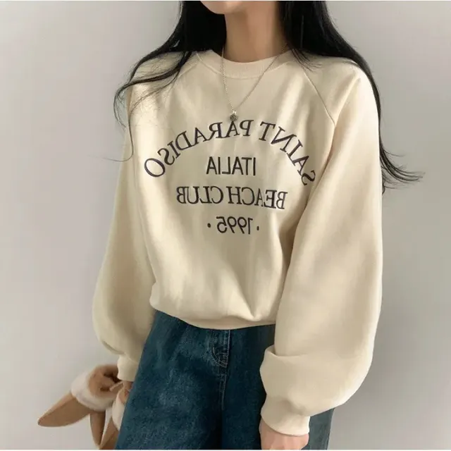 Light Letters Embroidery Velvet Thick Round Neck Sweater For Women Apricot - Shop at LoveMi