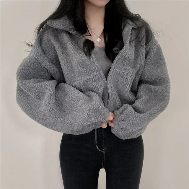 Stand up Collar Thermal Faux Lamb Fur Coat Women's Autumn And Winter New Loose Temperament Zip Cardigan Tops Gray - Shop at LoveMi