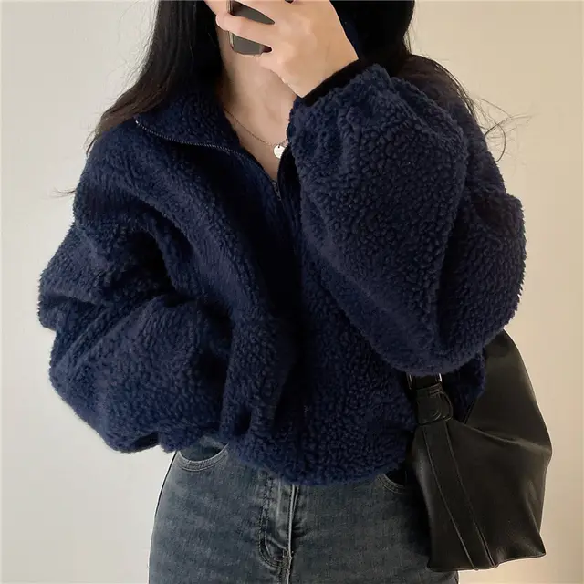 Stand up Collar Thermal Faux Lamb Fur Coat Women's Autumn And Winter New Loose Temperament Zip Cardigan Tops Navy Blue - Shop at LoveMi