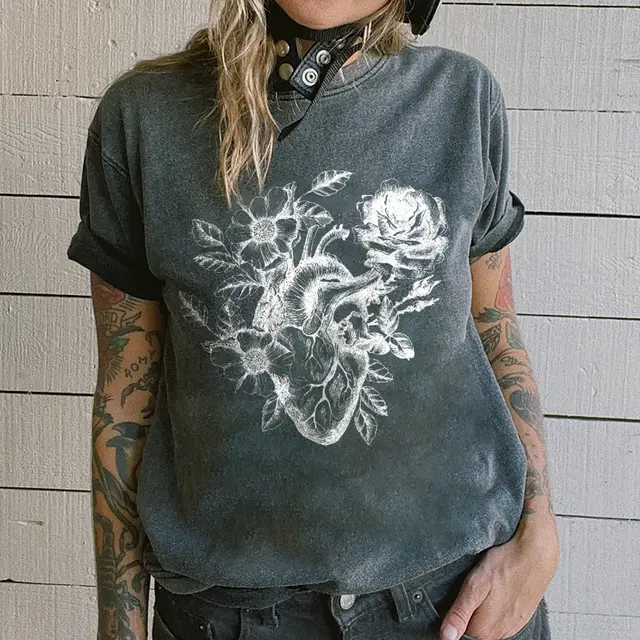 Women's Cotton Letter Print Short sleeve Crew Neck T shirt Top Dark Gray - Shop at LoveMi