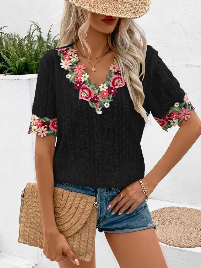 Women's Summer Deep V neck Lace Short sleeved Top T shirt Black - Shop at LoveMi