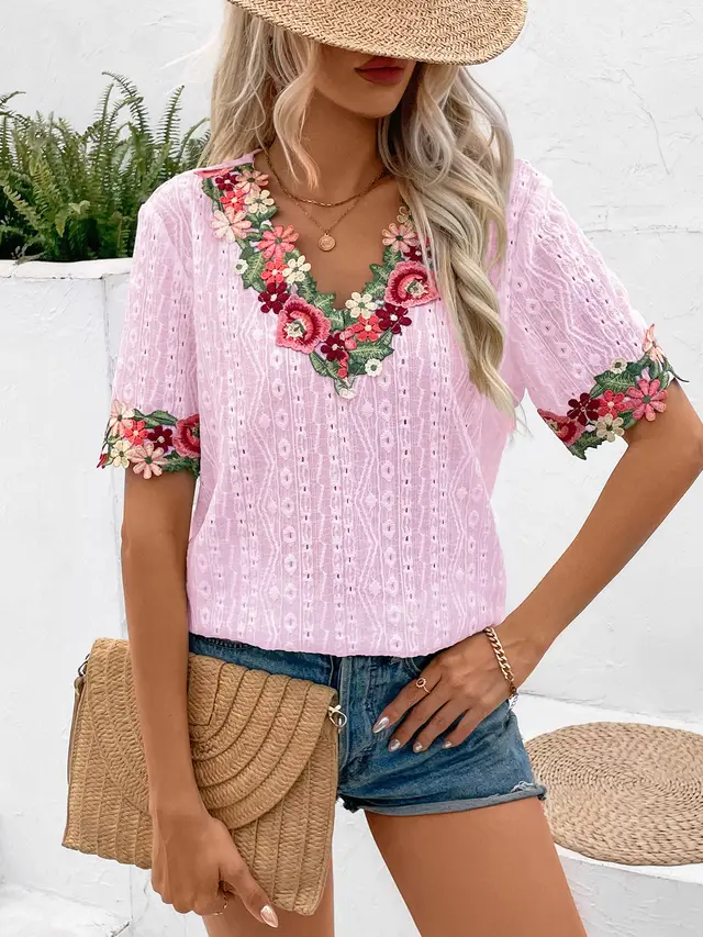 Women's Summer Deep V neck Lace Short sleeved Top T shirt Pink - Shop at LoveMi