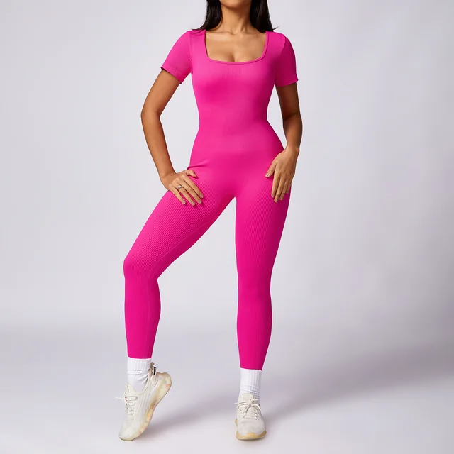 Women's Tight Seamless Back One piece High strength Thread Short sleeved Fitness Sports Jumpsuit Rose Red - Shop at LoveMi
