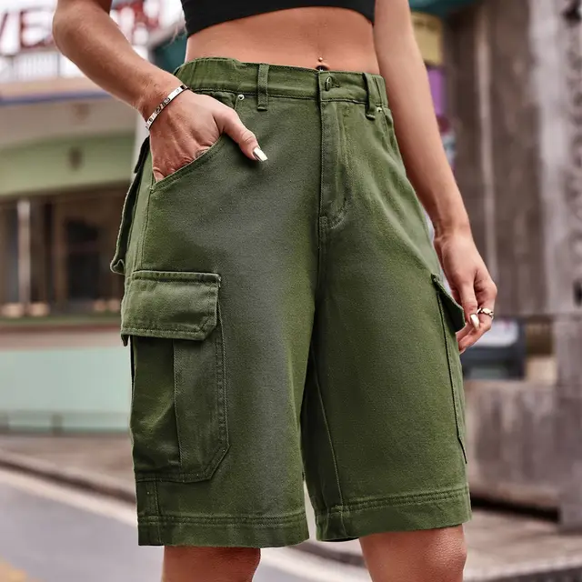 Summer Women's Elastic Waist Denim Cargo Pants Shorts Army Green - Shop at LoveMi