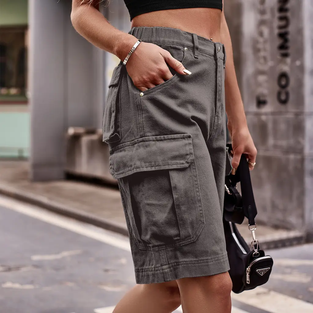 Summer Women's Elastic Waist Denim Cargo Pants Shorts - Gray