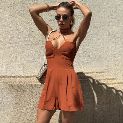 Off shoulder Sleeveless One piece Shorts Ls3753 Brown - Shop at LoveMi