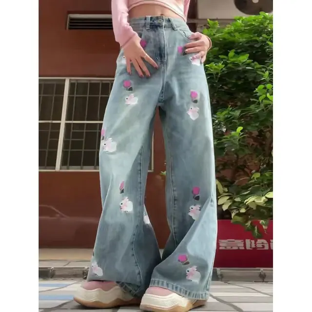 High Waist Loose Straight Casual Wide leg Trousers Blue - Shop at LoveMi