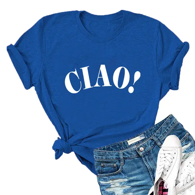 Summer Loose Casual CIAO Letter Printed Round Neck Short Sleeve T shirt Blue - Shop at LoveMi