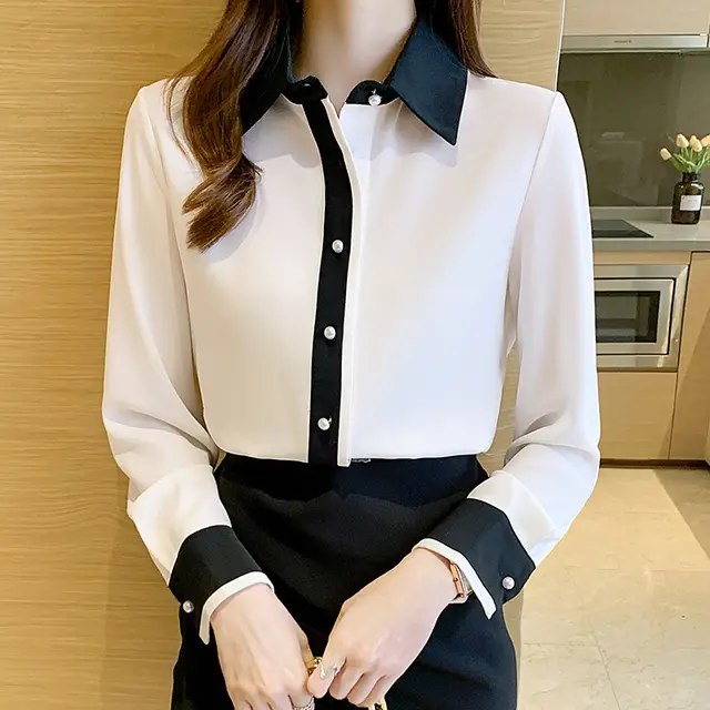 Simple Contrast Color Single Row Pearl Buckle Long Sleeve Shirt - Shop at LoveMi