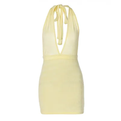 Women's V neck Backless Skinny Sheath Dress Yellow - Shop at LoveMi