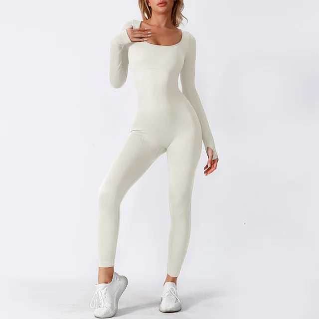 Seamless Yoga Jumpsuit Long Sleeve Autumn And Winter Rompers Double Layer Beige - Shop at LoveMi