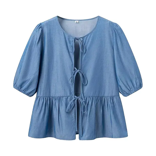 Solid Color Denim Lace up Design Shirt Blue Weight 016 - Shop at LoveMi