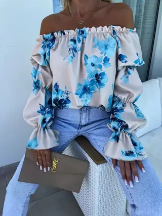Elastic One Shoulder Lantern Lotus Leaf Sleeve Printed Shirt With Long Sleeves - Cream Color