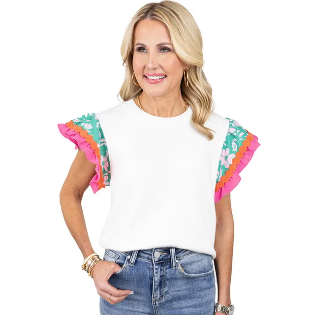 Summer New Floral Print Short sleeved T shirt For Women Fashion Color Contrast Round Neck Pullover Top For Women White - Shop at LoveMi