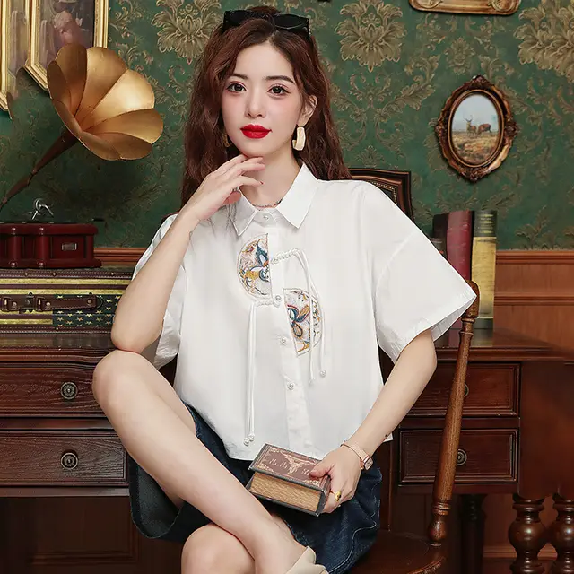 Women's Summer Loose Embroidery Short Shirt Top White - Shop at LoveMi