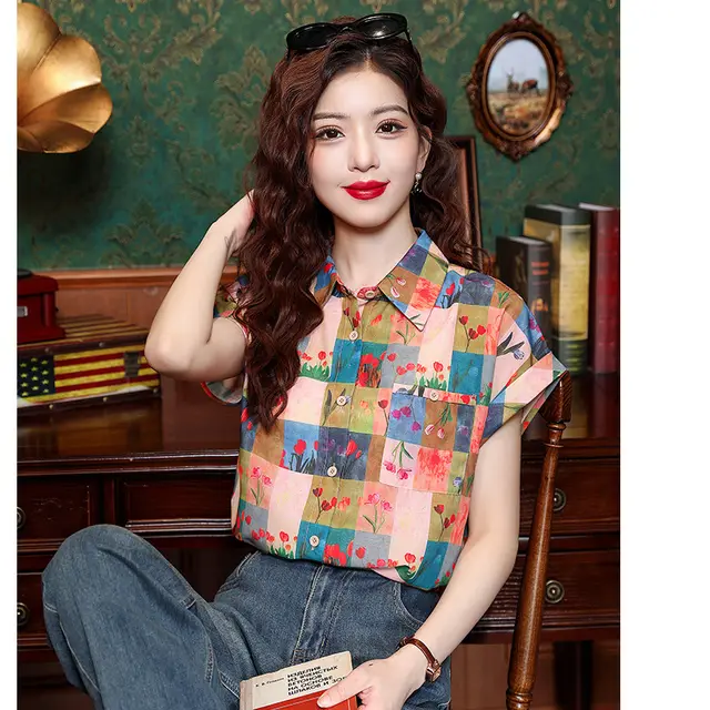 Women's Summer Style Retro Loose Color Matching Plaid Printed Shirt - Shop at LoveMi