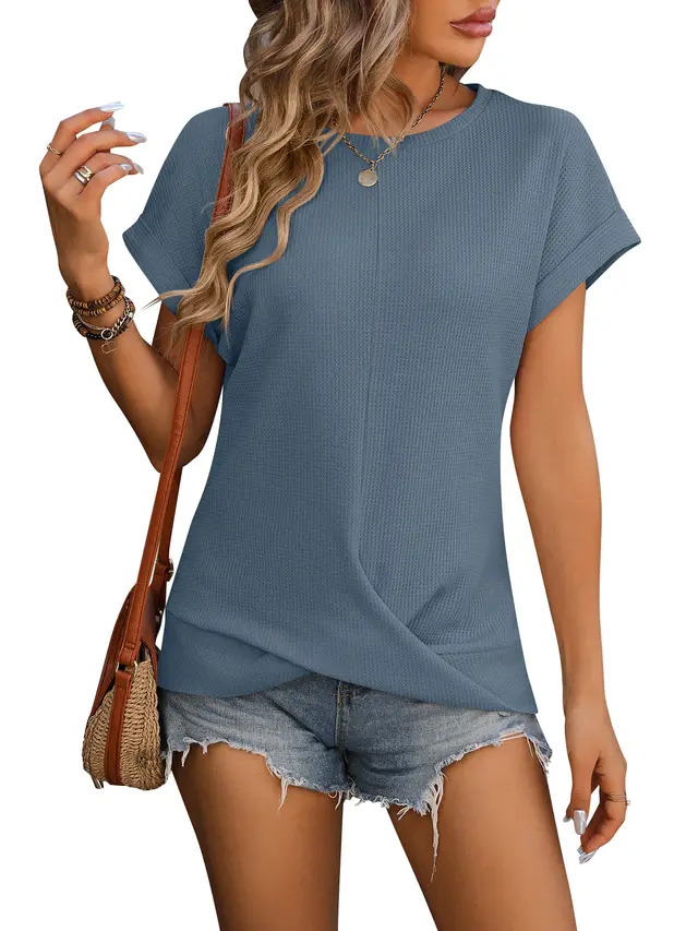 Women's Solid Color Waffle Twisted Loose Short Sleeved Shirt Gray Blue - Shop at LoveMi
