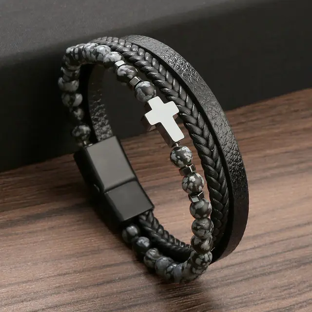 Natural Tiger Eye Stone Cross Bracelet Black Snowflake Stone - Shop at LoveMi