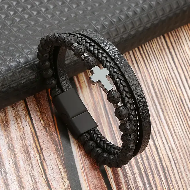 Natural Tiger Eye Stone Cross Bracelet Black Volcanic Rock - Shop at LoveMi
