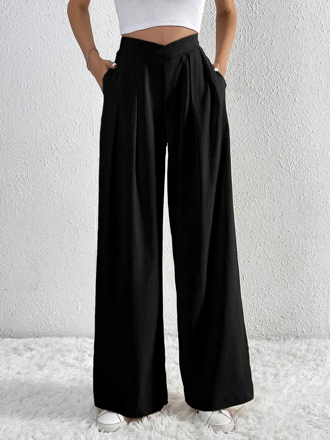 Summer New Solid Color Pleated Casual Wide-leg Pants Loose Casual Women's Commuting Versatile Style Comfortable TrousersS - Black