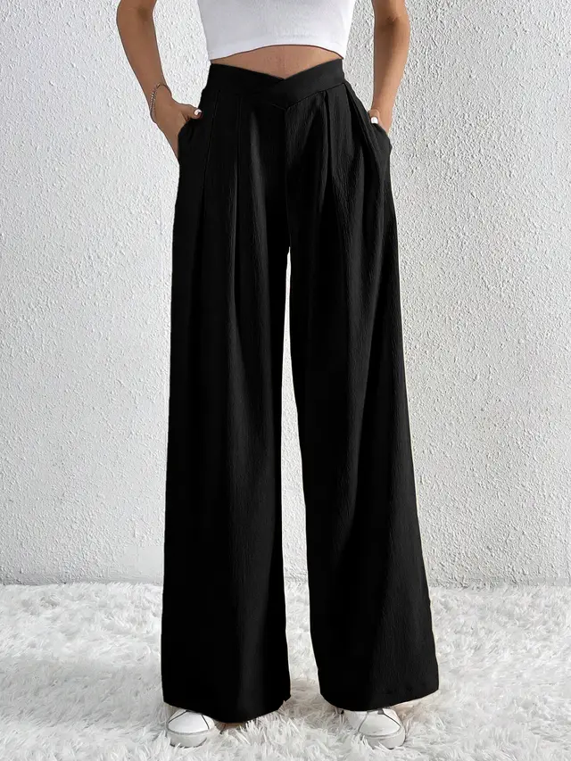 Summer New Solid Color Pleated Casual Wide leg Pants Loose Casual Women's Commuting Versatile Style Comfortable TrousersS Black - Shop at LoveMi